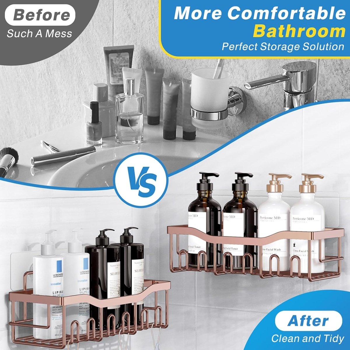 EUDELE Adhesive Shower Caddy, 5 Pack Rustproof Stainless Steel Bath Organizers With Large Capacity, No Drilling Shelves for Bathroom Storage &amp; Home Decor - Homesidy.com