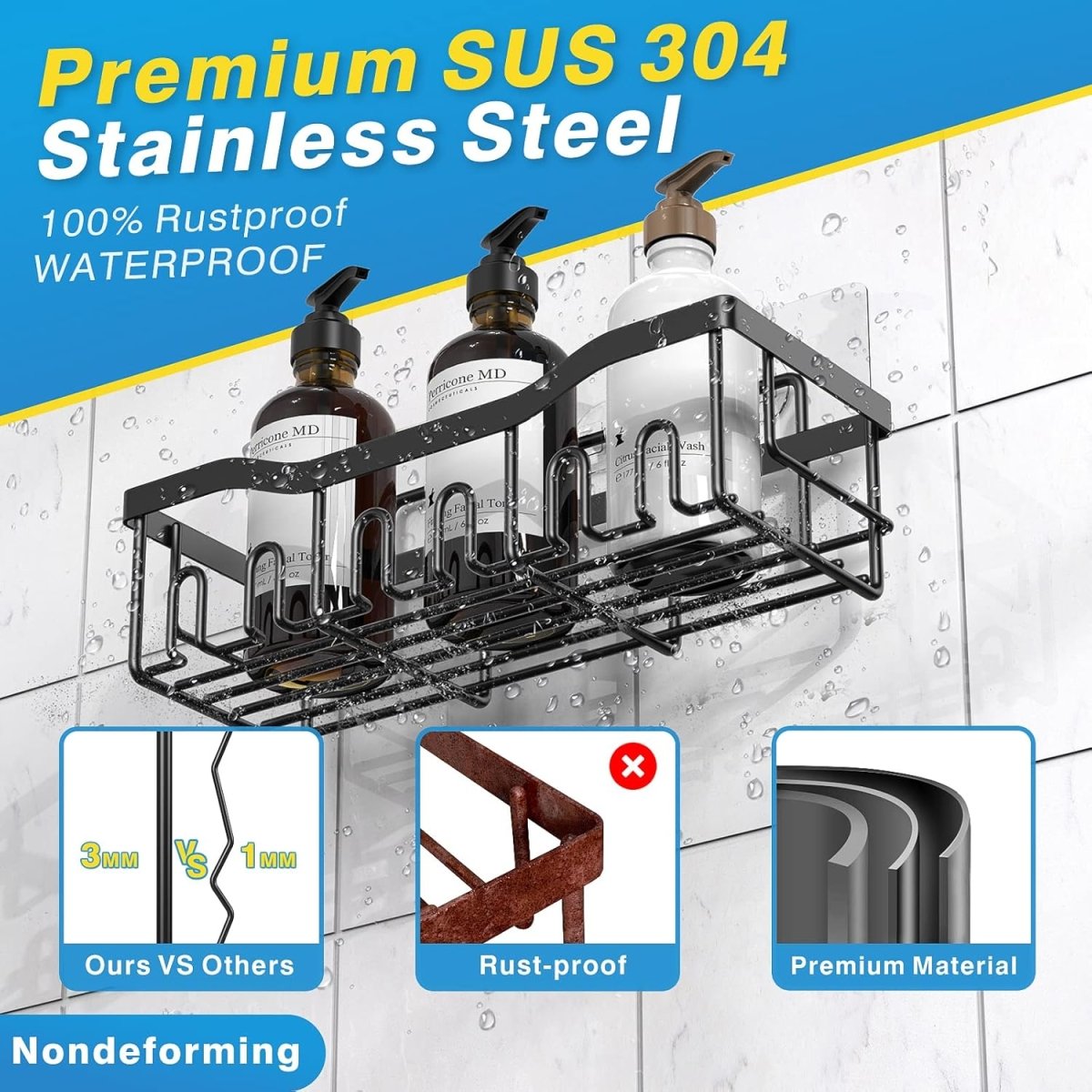 EUDELE 5 - Pack Rustproof Stainless Steel Shower Caddy Set– No Drill Adhesive Bathroom Organizer, Space - Saving Shower Shelves for Apartment Essentials, Bathroom/Kitchen Storage Home Decor - L Size - Homesidy.com