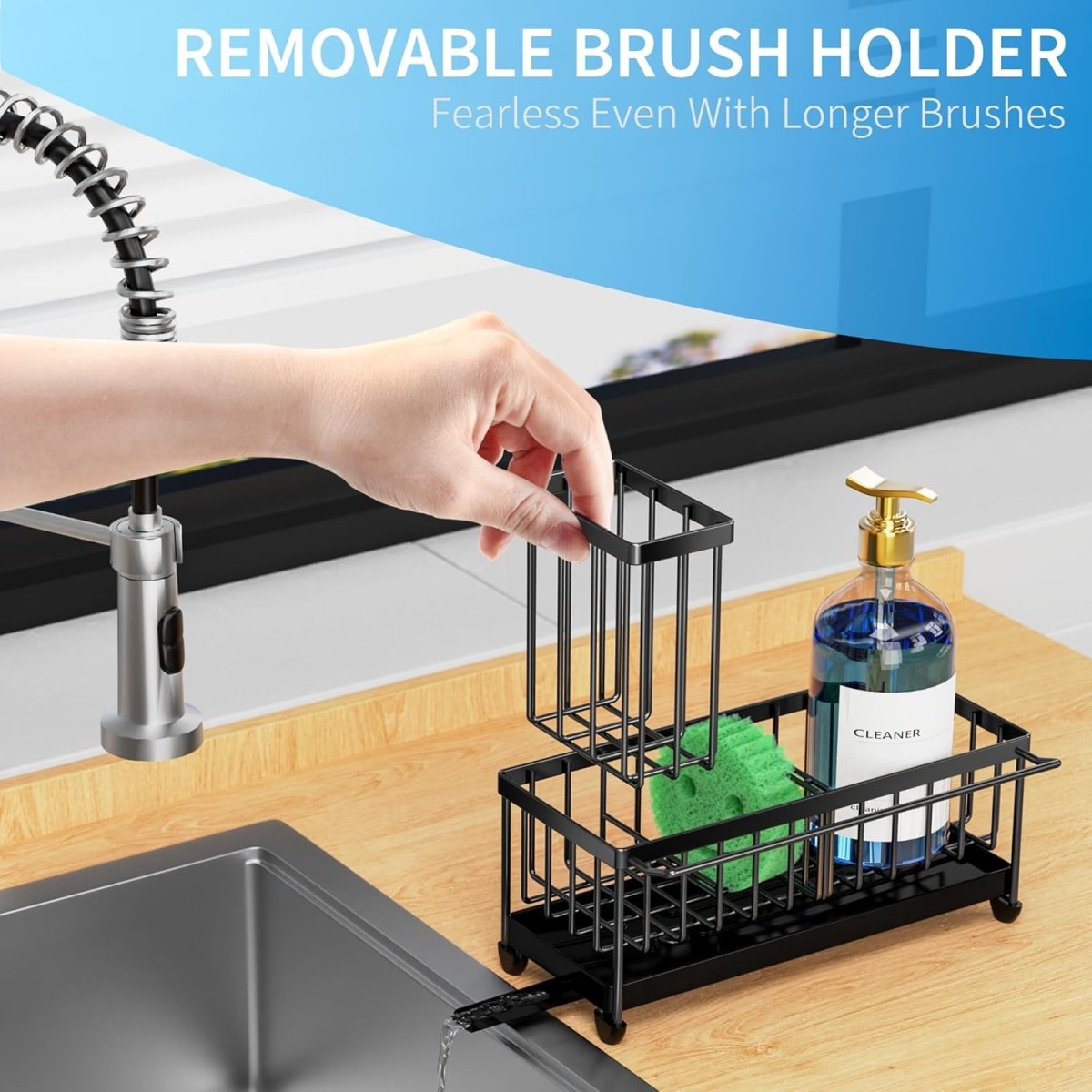 Cisily Black Sponge Holder for Kitchen Sink, Sink Caddy Organizer with High Brush Holder, Kitchen Countertop Organizers and Storage Essentials, Rustproof 304 Stainless Steel, Soap Dispenser Organize - Homesidy.com