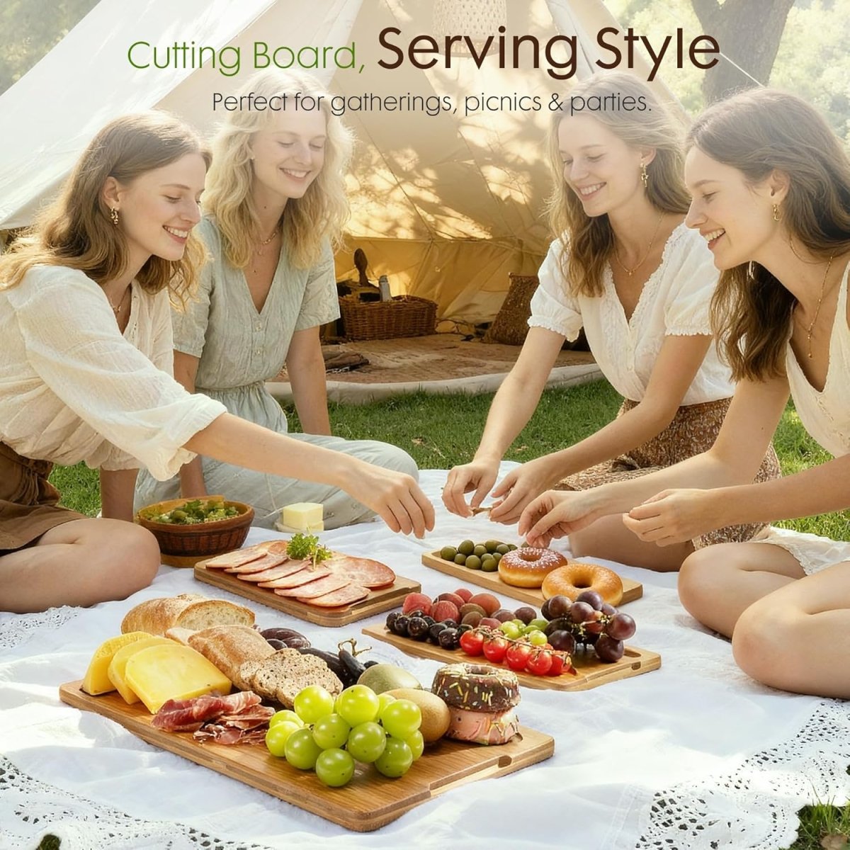 Astercook Deep - Carbonized Bamboo Cutting Boards for Kitchen with Wood Storage Stand, Reversible Charcuterie &amp; Chopping Boards with Juice Grooves and Easy - Grip Handles, Knife - Friendly, Kitchen Gift - Homesidy.com