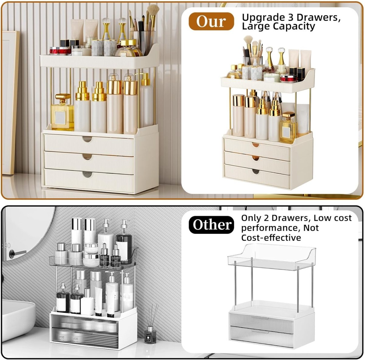 StorBin 3 Drawers Makeup Organizer - 5 Tier Bathroom Counter Organizers and Storage, Versatile Perfume Vanity Organizer, Ideal for Cosmetic, Large Skincare, Face Mask, Office Supplies, Amber - Homesidy.com