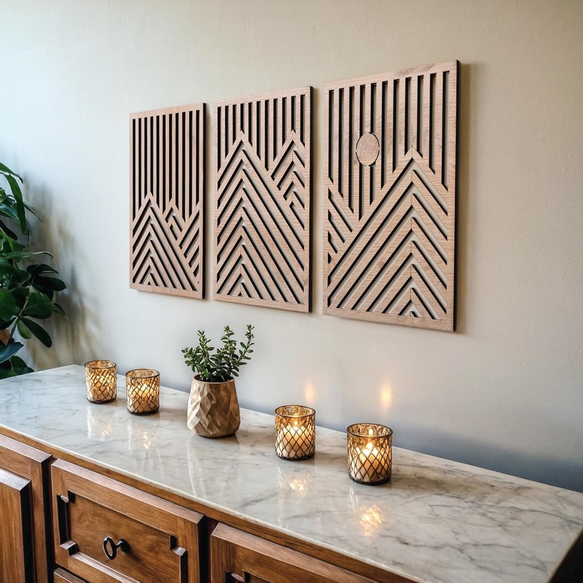 qmmp Modern Wooden Wall Sculptures - Set of 3 - MDF - Oak - Home Decor Accent - Large Wall Art for Living Room, Bedroom, Office - Easy Installation (Oak, Medium - Mountain and Sun, Unframed) - Homesidy.com