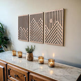 qmmp Modern Wooden Wall Sculptures - Set of 3 - MDF - Oak - Home Decor Accent - Large Wall Art for Living Room, Bedroom, Office - Easy Installation (Oak, Medium - Mountain and Sun, Unframed) - Homesidy.com