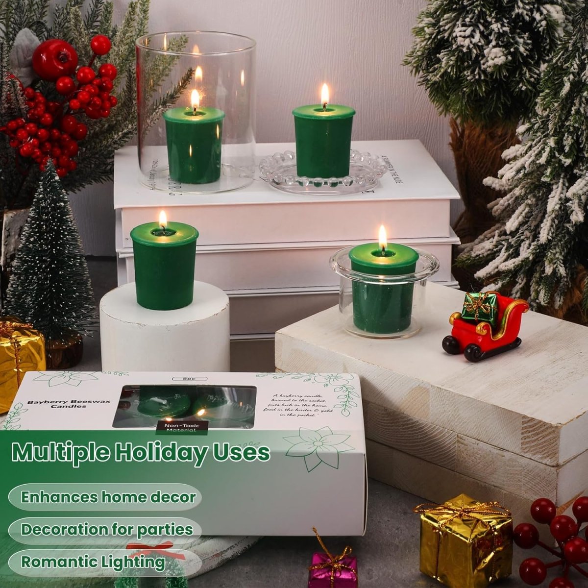 Conelist 8 Pcs Christmas Bayberry Scented Votive Candles Beeswax Blend Candle Gift Box Green Bayberry Scented Wax with Cotton Wick for Xmas Winter Holiday Gifts Collection - Homesidy.com
