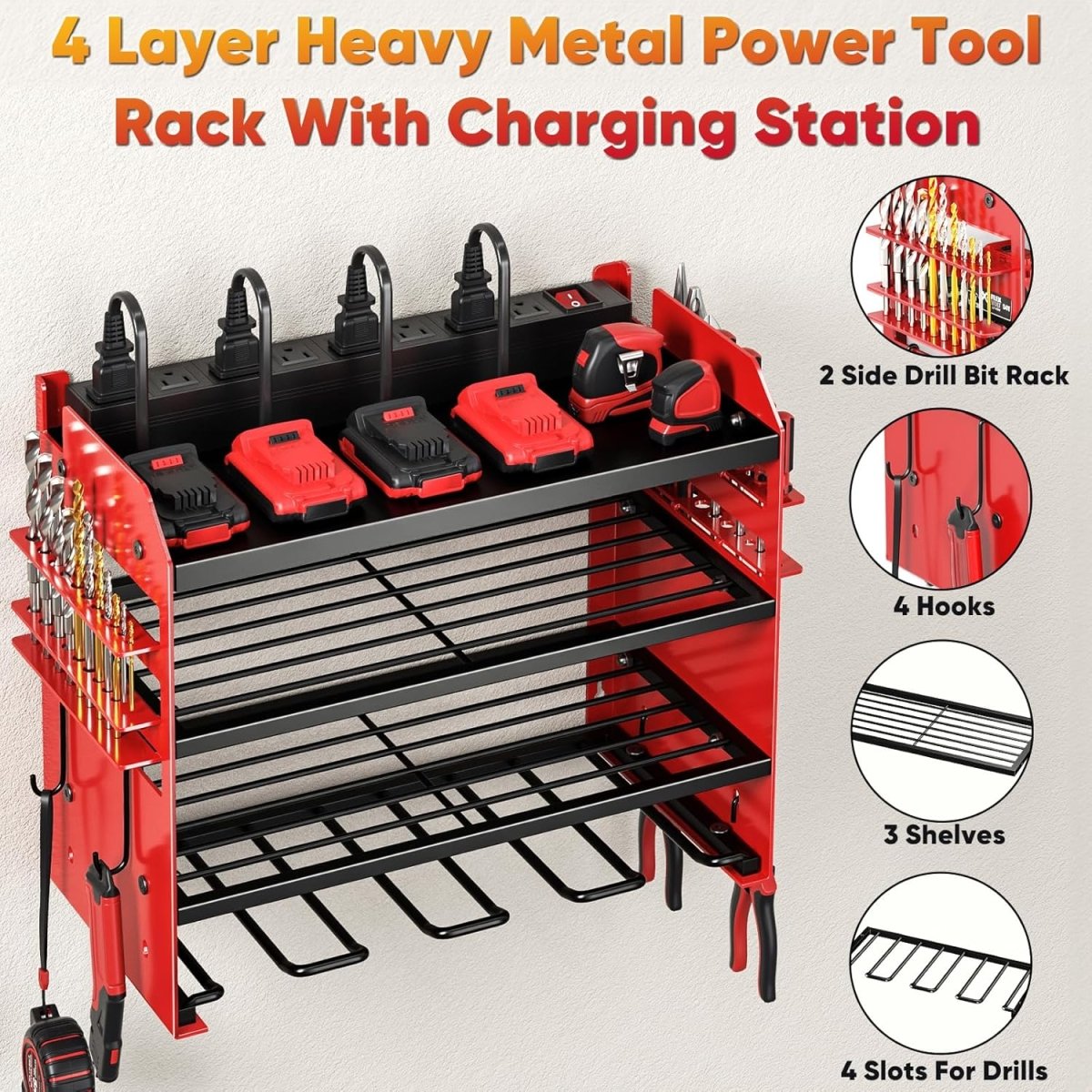 POKIPO Large Power Tool Organizer Wall Mount with Charging Station,4 Layer Heavy Duty Metal Tool Storage Rack Loads 600lbs with 8 Cordless Drill Holder,Battery Utility Rack Loads with 4 Power Strip - Homesidy.com