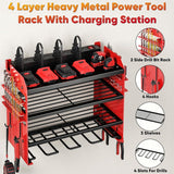 POKIPO Large Power Tool Organizer Wall Mount with Charging Station,4 Layer Heavy Duty Metal Tool Storage Rack Loads 600lbs with 8 Cordless Drill Holder,Battery Utility Rack Loads with 4 Power Strip - Homesidy.com