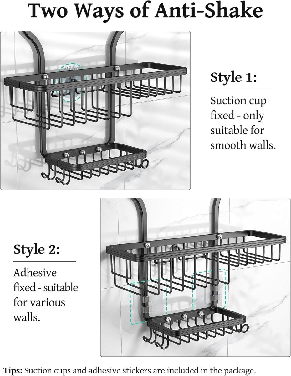 YASONIC Shower Caddy Hanging - Never Rust Shower Organizer - Aluminum Over The Head Caddy with 10 Hooks for Razor/Sponge - Rack with Soap Basket - Silver - Homesidy.com