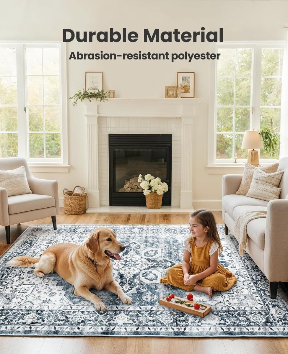 AMADA HOMEFURNISHING 8x10 Washable Area Rug, Low - Profile Large Area Rug with Non - Slip Backing &amp; Durable Edge Binding, Vintage Large Rugs for Living Room, Bedroom, Dinning Room - Homesidy.com