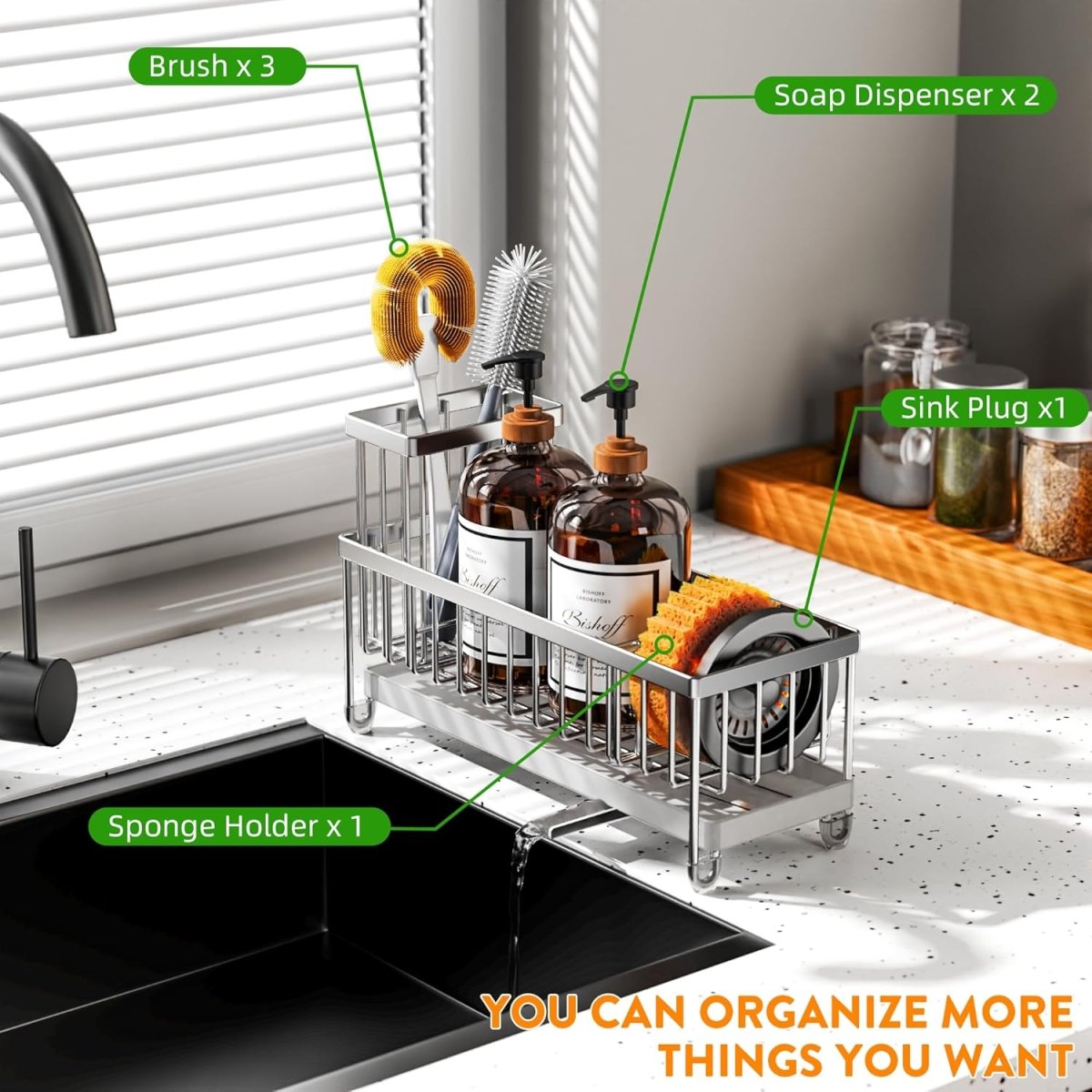 Cisily Black Sponge Holder for Kitchen Sink, Sink Caddy Organizer with High Brush Holder, Kitchen Countertop Organizers and Storage Essentials, Rustproof 304 Stainless Steel, Soap Dispenser Organize - Homesidy.com