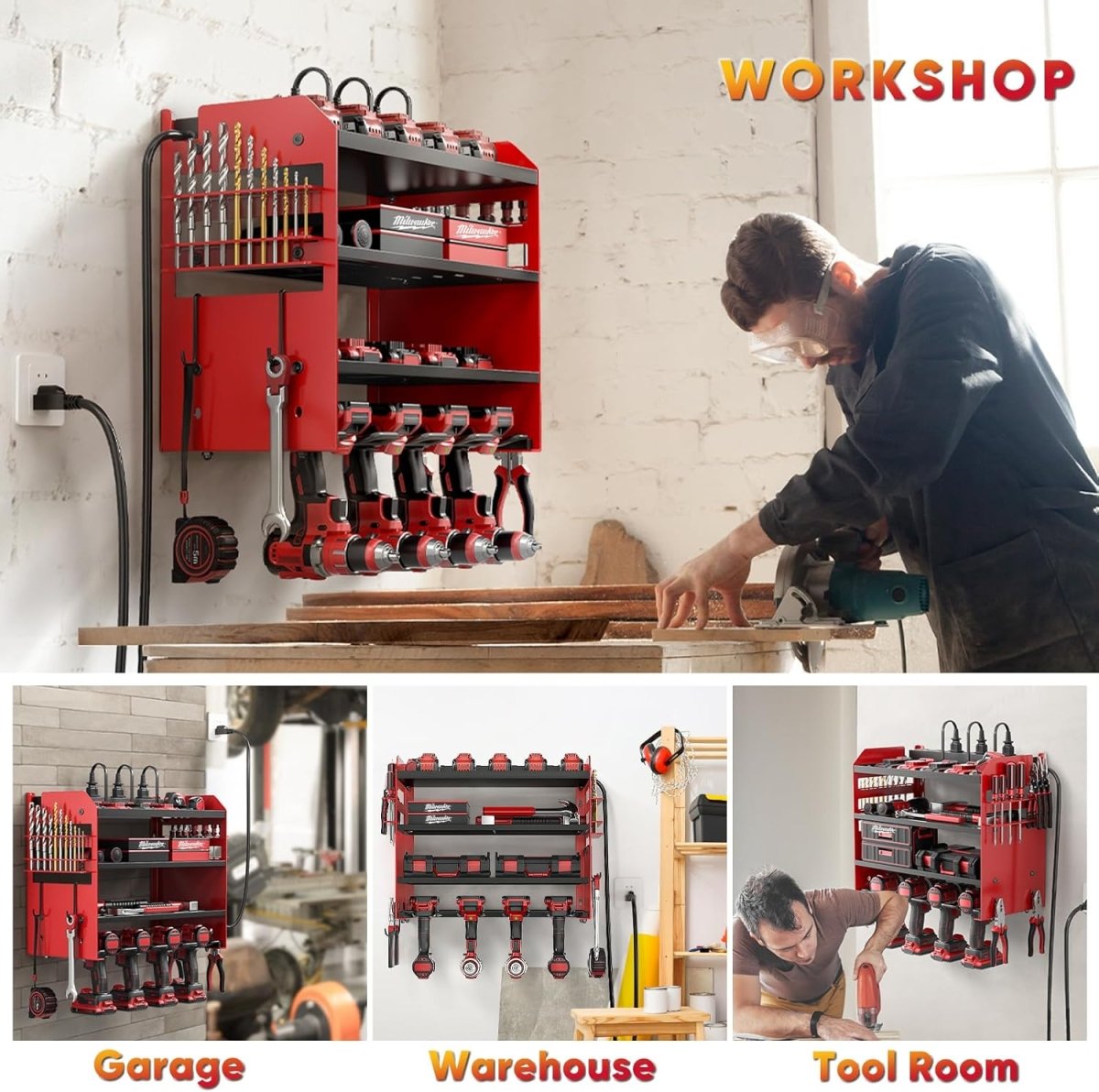 POKIPO Large Power Tool Organizer Wall Mount with Charging Station,4 Layer Heavy Duty Metal Tool Storage Rack Loads 600lbs with 8 Cordless Drill Holder,Battery Utility Rack Loads with 4 Power Strip - Homesidy.com