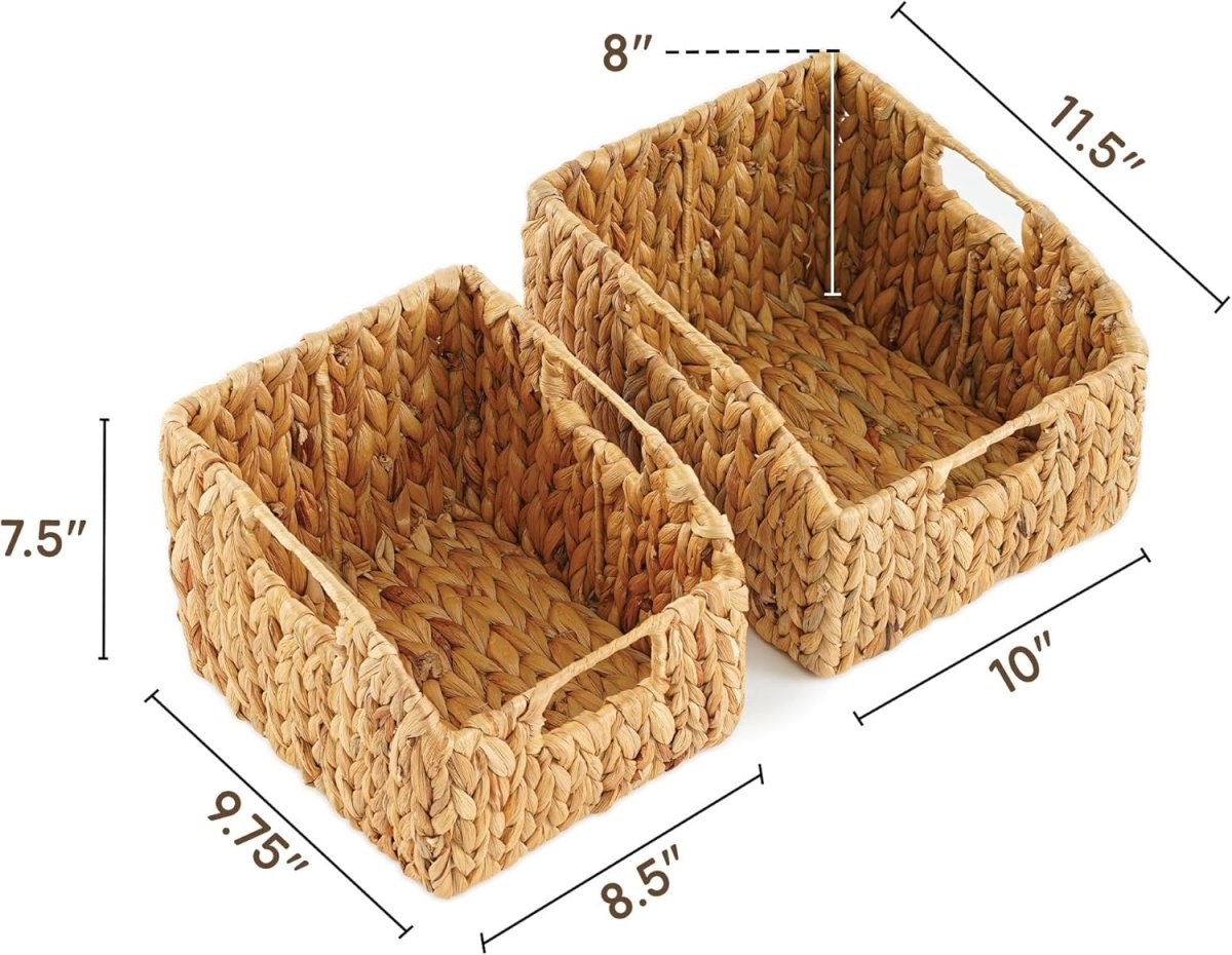 Greenatural Water Hyacinth Storage Baskets Set of 2, Handwoven Rectangular Organizer Trays with Wooden Bead Handles, Nested Wicker Bins for Shelf, Bathroom, Kitchen, Office, Natural Decor - Homesidy.com
