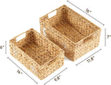 Greenatural Water Hyacinth Storage Baskets Set of 2, Handwoven Rectangular Organizer Trays with Wooden Bead Handles, Nested Wicker Bins for Shelf, Bathroom, Kitchen, Office, Natural Decor - Homesidy.com