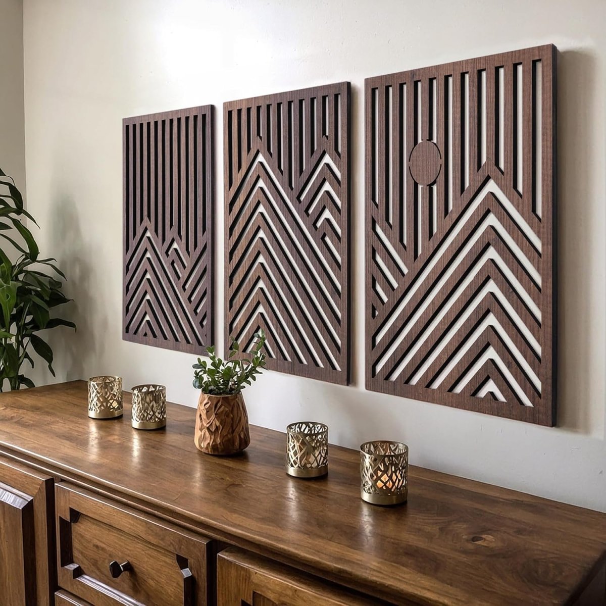 qmmp Modern Wooden Wall Sculptures - Set of 3 - MDF - Oak - Home Decor Accent - Large Wall Art for Living Room, Bedroom, Office - Easy Installation (Oak, Medium - Mountain and Sun, Unframed) - Homesidy.com