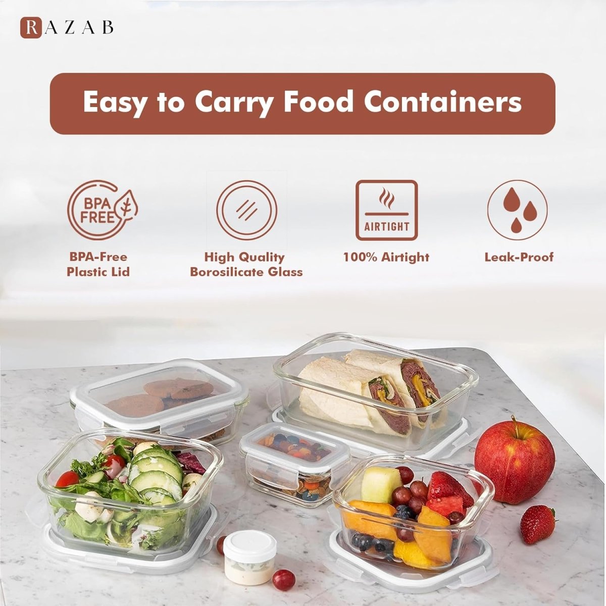 Razab 35 Pc Set Glass Food Storage Containers with Lids - Meal Prep Airtight Bento Boxes BPA - Free 100% Leak Proof (15 lids,15 glass &amp; 5 Plastic Sauce/Dip Containers) - Homesidy.com