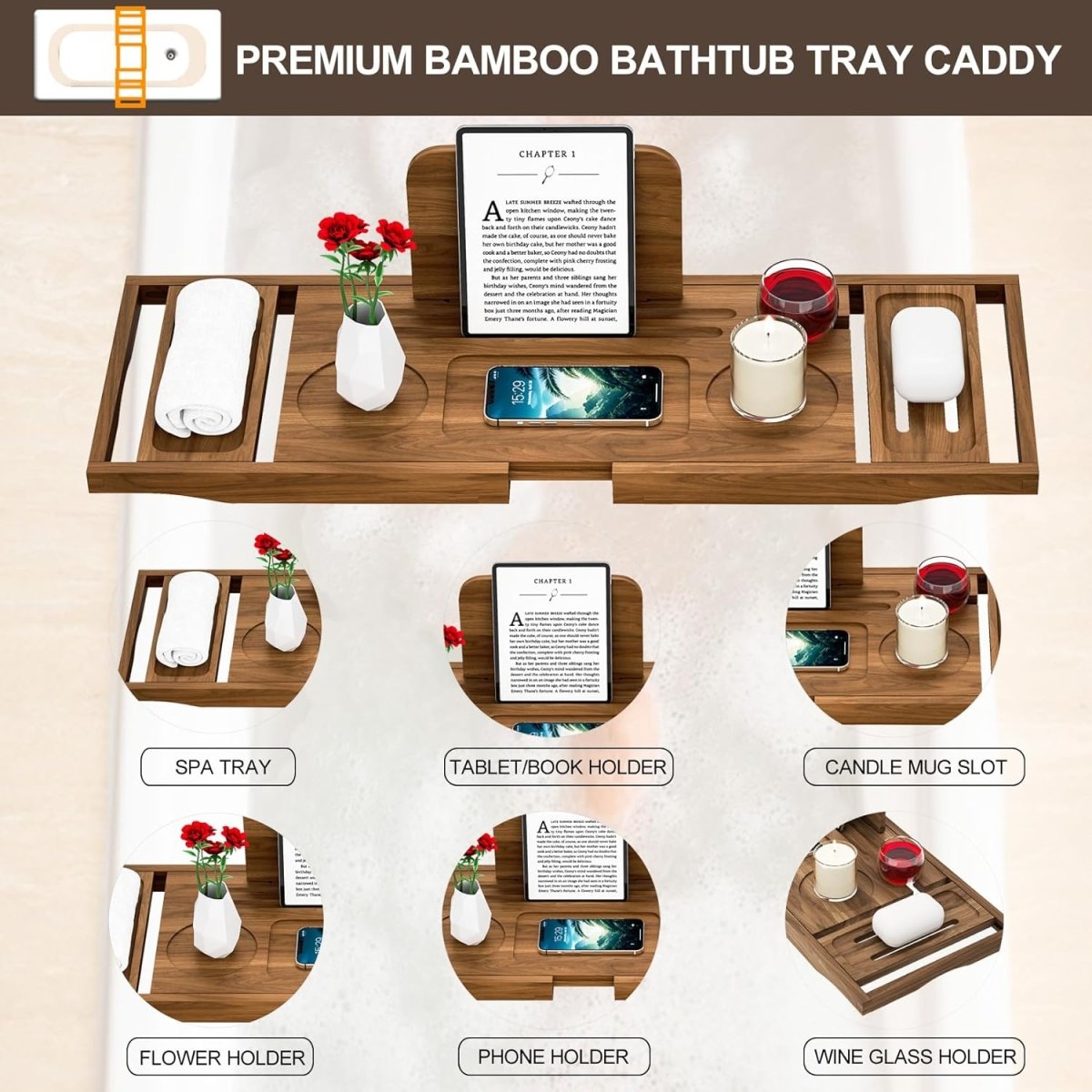 Premium Bamboo Bathtub Tray Caddy - Bath Tub Tray Table for Bathtub - Bath Caddy Tray for Bathtub, Expandable Size, Fits Most Bath Tubs - Homesidy.com