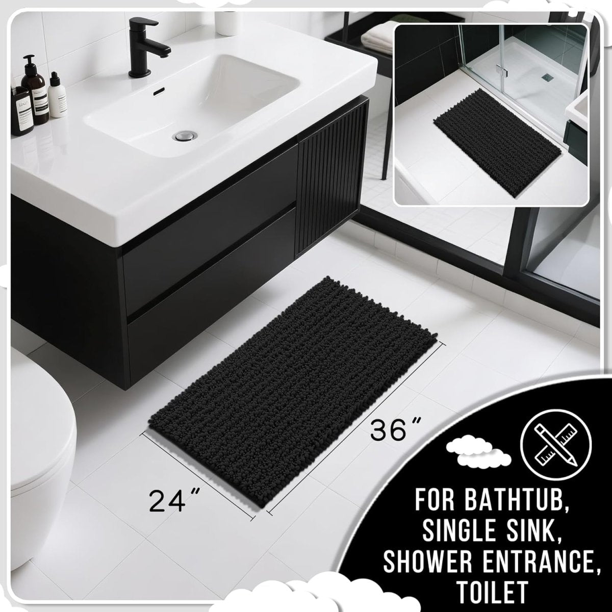 Yimobra Bathroom Rugs Non Slip Washable - Ultra Soft Absorbent Chenille Bath Mat, Quick Dry Shaggy Floor Carpet for Tub Shower, Gray Home Decor Accessories, 24x17 Inch - Homesidy.com