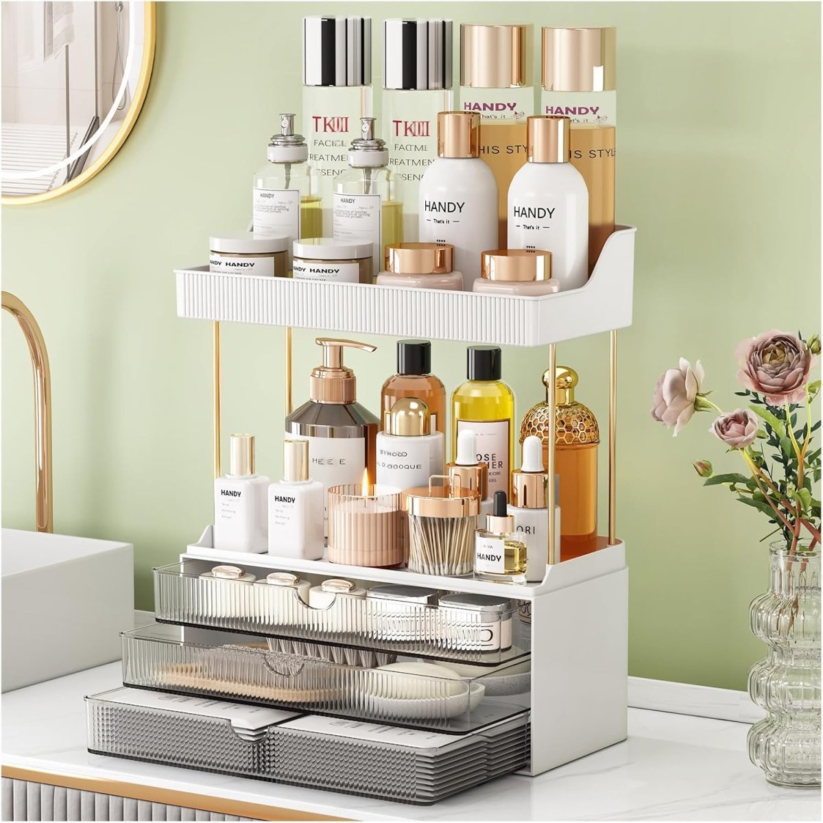 StorBin 3 Drawers Makeup Organizer - 5 Tier Bathroom Counter Organizers and Storage, Versatile Perfume Vanity Organizer, Ideal for Cosmetic, Large Skincare, Face Mask, Office Supplies, Amber - Homesidy.com