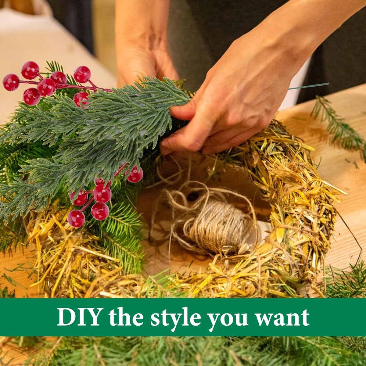 Watayo 60 Pcs Christmas Artificial Pine Branches with Red Berry Stems, 10.5&34; Faux Evergreen Norfolk Pine Cypress Leaves Stems, Fake Foliage Pine Needles Picks for DIY Craft Garland Home Decor - Homesidy.com