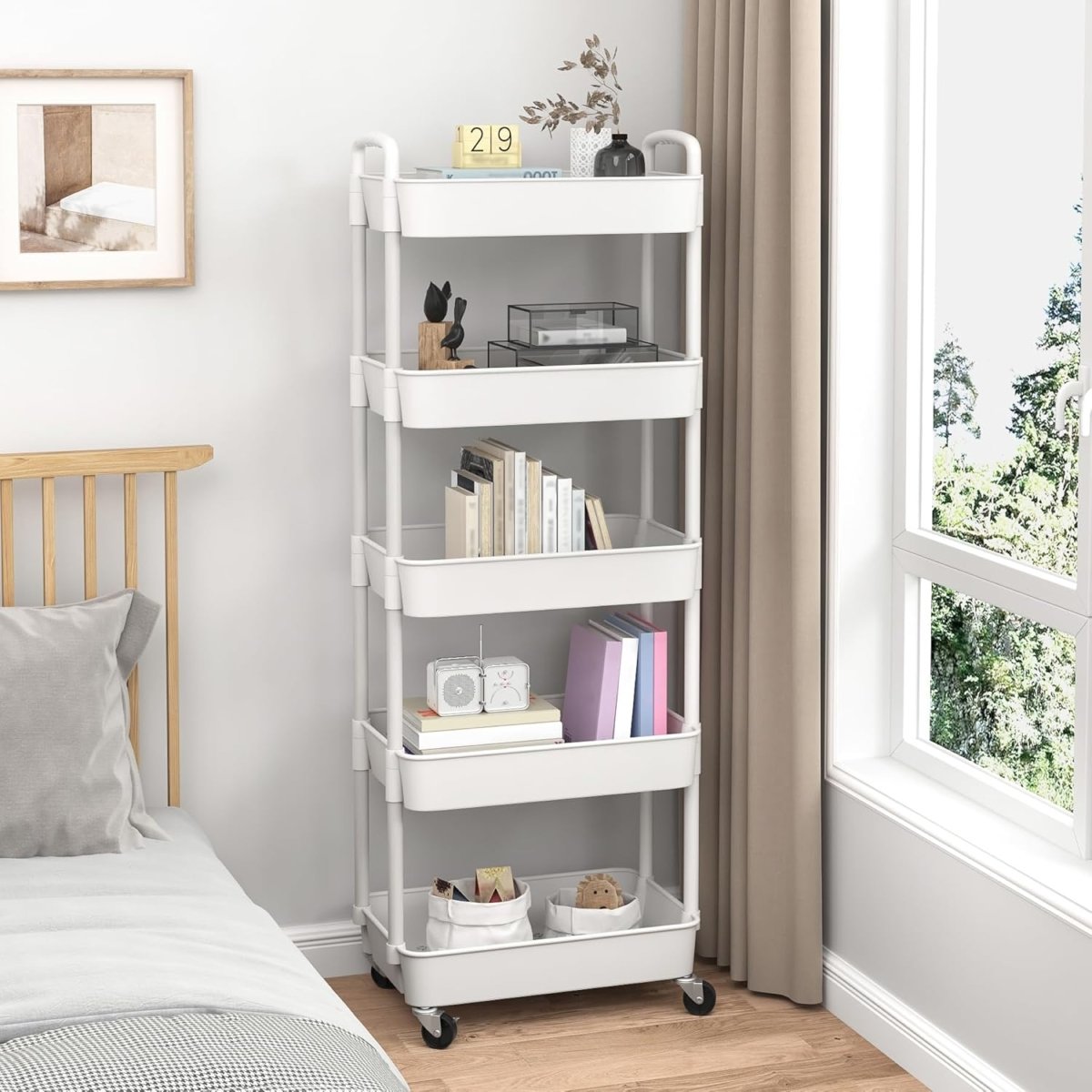 Sywhitta 3 - Tier Plastic Rolling Utility Cart with Handle, Multi - Functional Storage Trolley for Office, Living Room, Kitchen, Movable Storage Organizer with Wheels, White - Homesidy.com