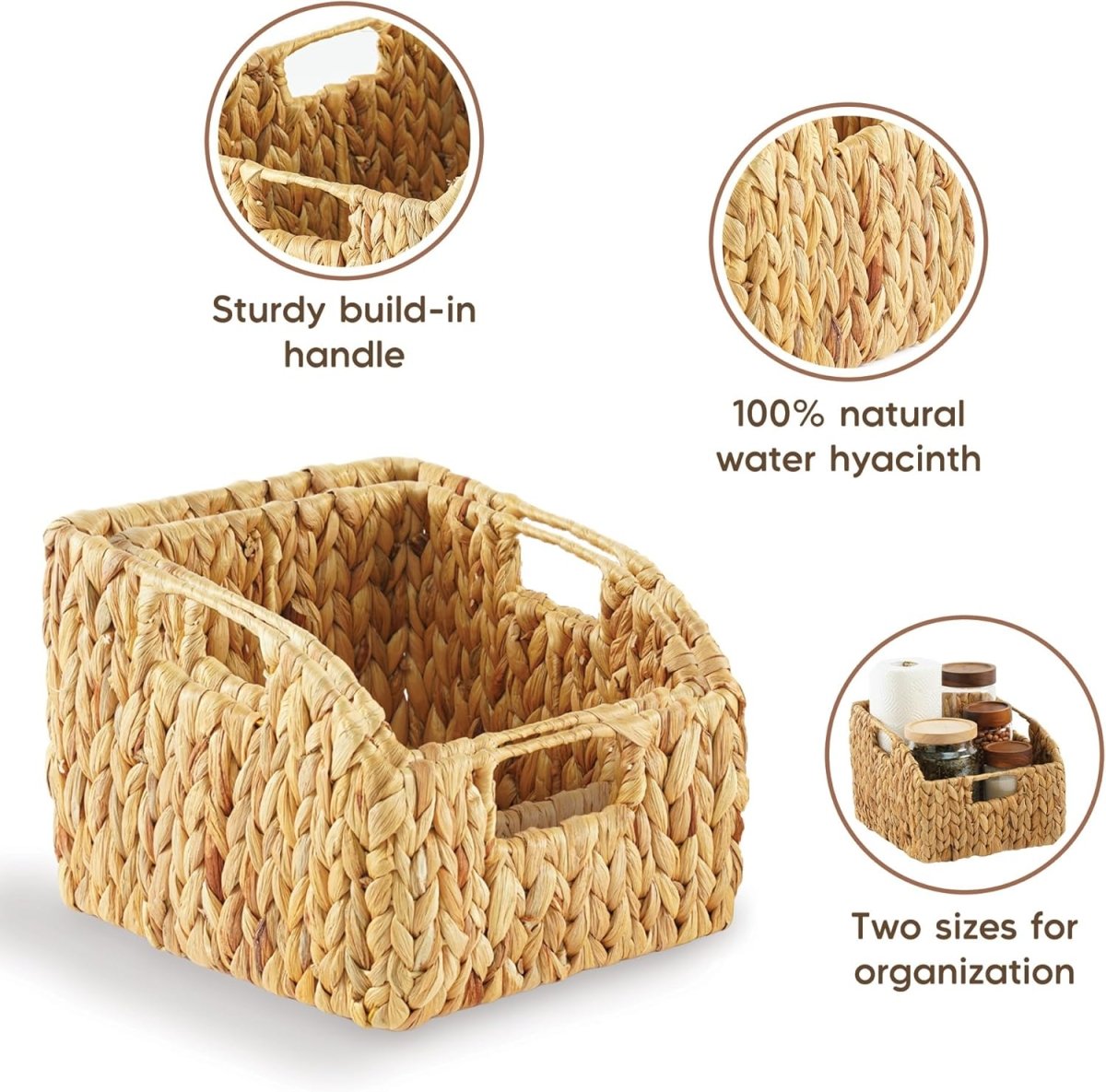 Greenatural Water Hyacinth Storage Baskets Set of 2, Handwoven Rectangular Organizer Trays with Wooden Bead Handles, Nested Wicker Bins for Shelf, Bathroom, Kitchen, Office, Natural Decor - Homesidy.com