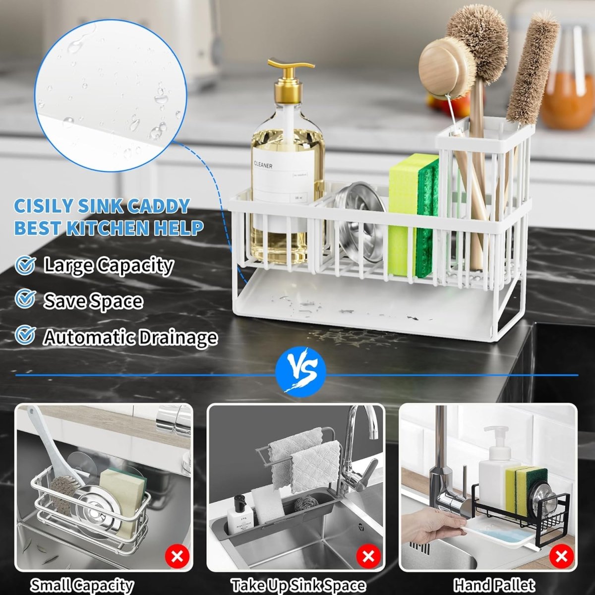 Cisily Kitchen Sink Caddy Organzier with High Brush Holder, Sponge Holder for Sink, 304 Rustproof Stainless, Kitchen Countertop Soap Dispenser Organizer, Kitchen Decor and Accessories - Homesidy.com