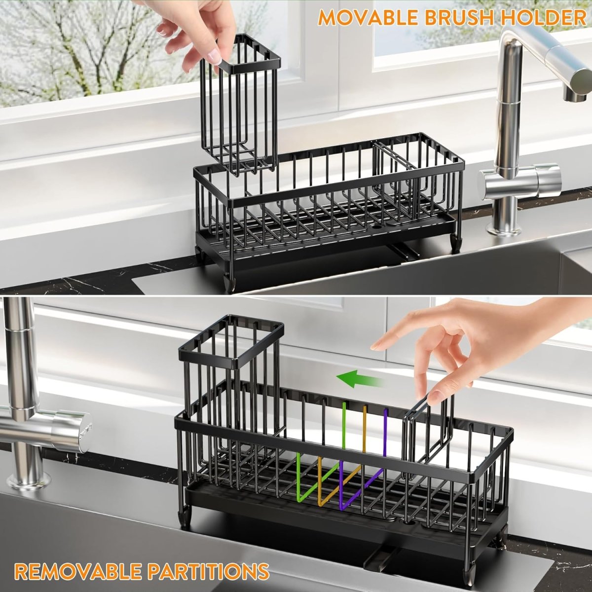 Cisily Black Sponge Holder for Kitchen Sink, Sink Caddy Organizer with High Brush Holder, Kitchen Countertop Organizers and Storage Essentials, Rustproof 304 Stainless Steel, Soap Dispenser Organize - Homesidy.com