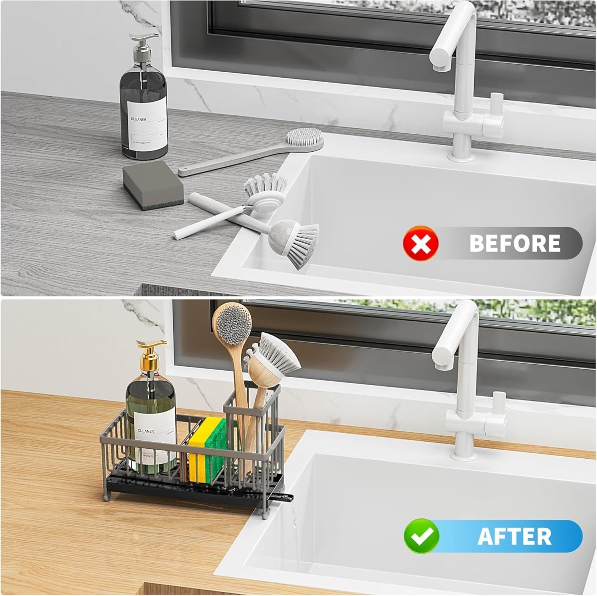 Cisily Black Sponge Holder for Kitchen Sink, Sink Caddy Organizer with High Brush Holder, Kitchen Countertop Organizers and Storage Essentials, Rustproof 304 Stainless Steel, Soap Dispenser Organize - Homesidy.com