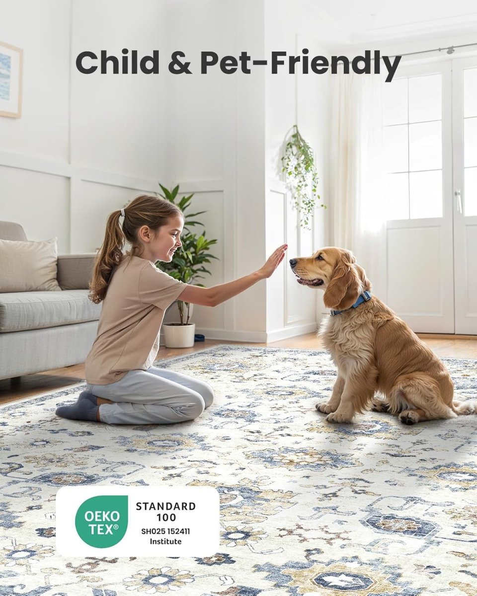 AMADA HOMEFURNISHING 8x10 Washable Area Rug, Low - Profile Large Area Rug with Non - Slip Backing &amp; Durable Edge Binding, Vintage Large Rugs for Living Room, Bedroom, Dinning Room - Homesidy.com
