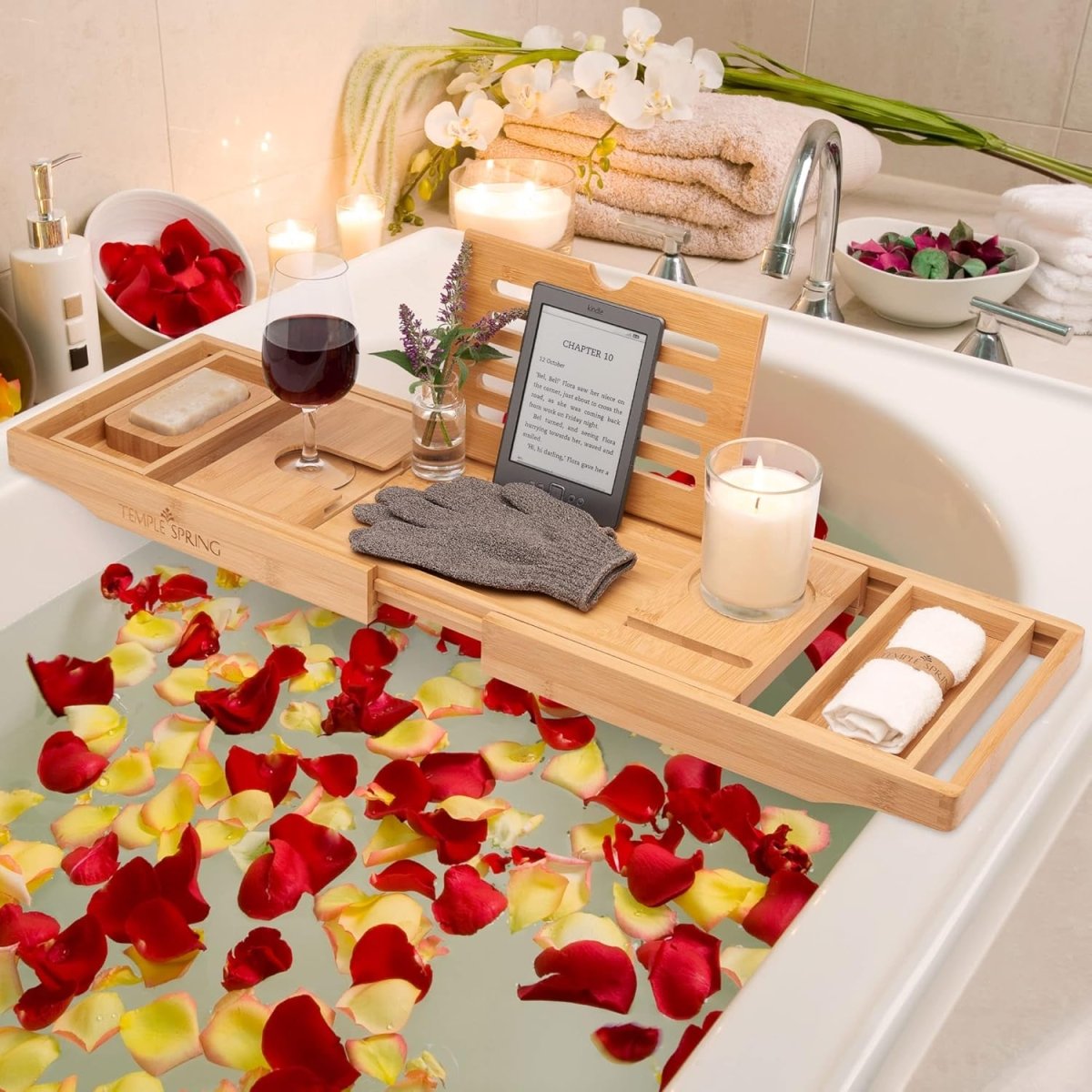 Temple Spring Wooden Bathtub Tray, Bamboo Bathroom Accessories, Bath Tray for Tub, at Home Spa Essentials, Board for Tub Table, Bath Caddy for Bathtub Accessories &amp; Bathroom Essentials – Natural - Homesidy.com