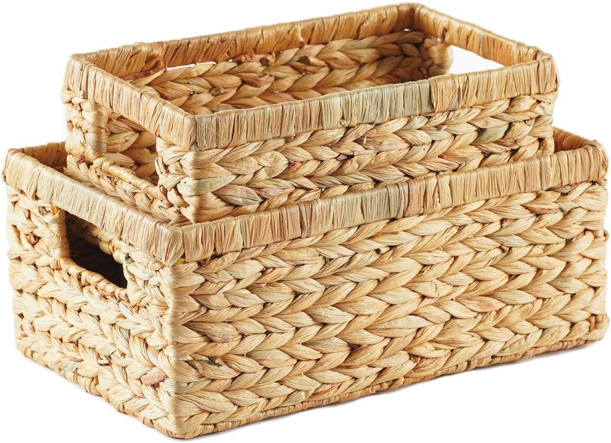 Greenatural Water Hyacinth Storage Baskets Set of 2, Handwoven Rectangular Organizer Trays with Wooden Bead Handles, Nested Wicker Bins for Shelf, Bathroom, Kitchen, Office, Natural Decor - Homesidy.com