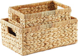 Greenatural Water Hyacinth Storage Baskets Set of 2, Handwoven Rectangular Organizer Trays with Wooden Bead Handles, Nested Wicker Bins for Shelf, Bathroom, Kitchen, Office, Natural Decor - Homesidy.com