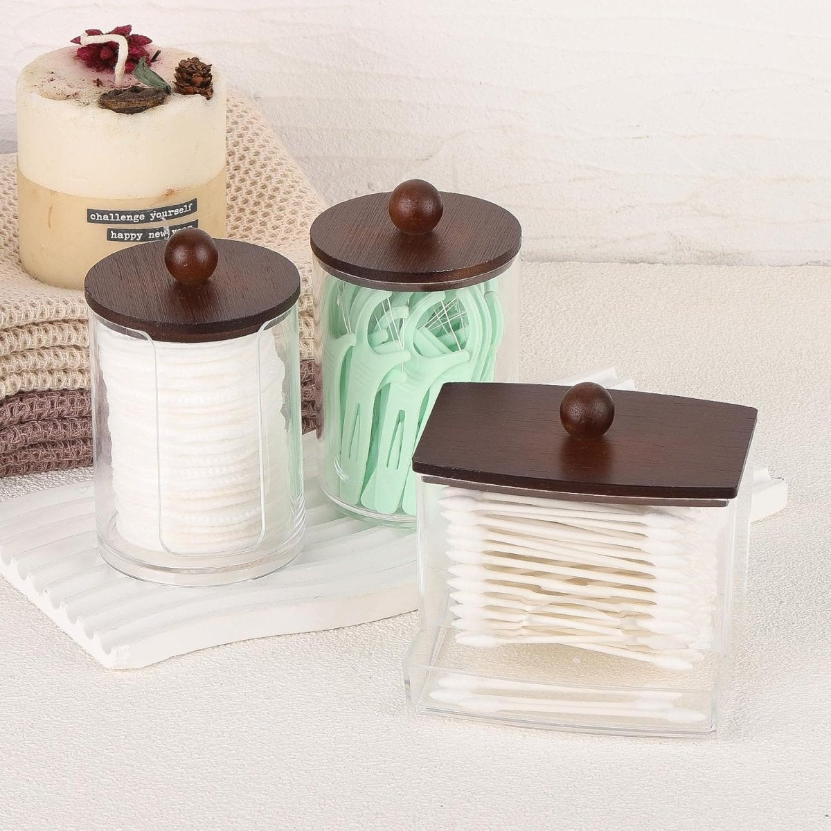 Tbestmax Qtips Holder Bathroom Container, 10 OZ Cotton Ball/Swabs Dispenser, Apothecary Jar Organizer for Storage Brown Wood Lids - Homesidy.com