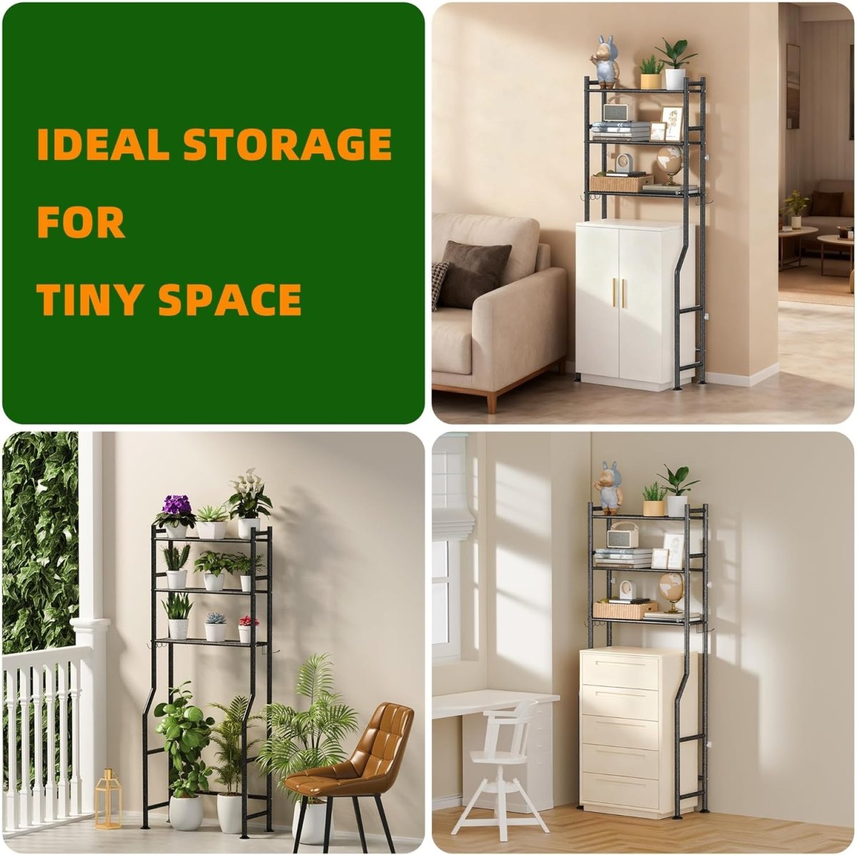 GloTika 3 - Tier Over The Toilet Storage, Space Saver Metal Bathroom Shelves, Freestanding Above Over Toilet Storage Shelf with 4 Hooks for Bathroom, Black - Homesidy.com