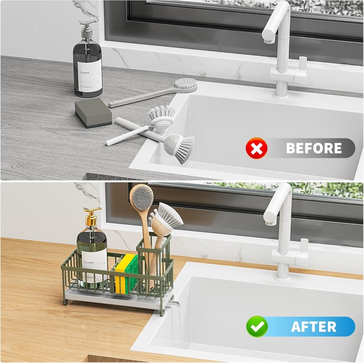 Cisily Black Sponge Holder for Kitchen Sink, Sink Caddy Organizer with High Brush Holder, Kitchen Countertop Organizers and Storage Essentials, Rustproof 304 Stainless Steel, Soap Dispenser Organize - Homesidy.com