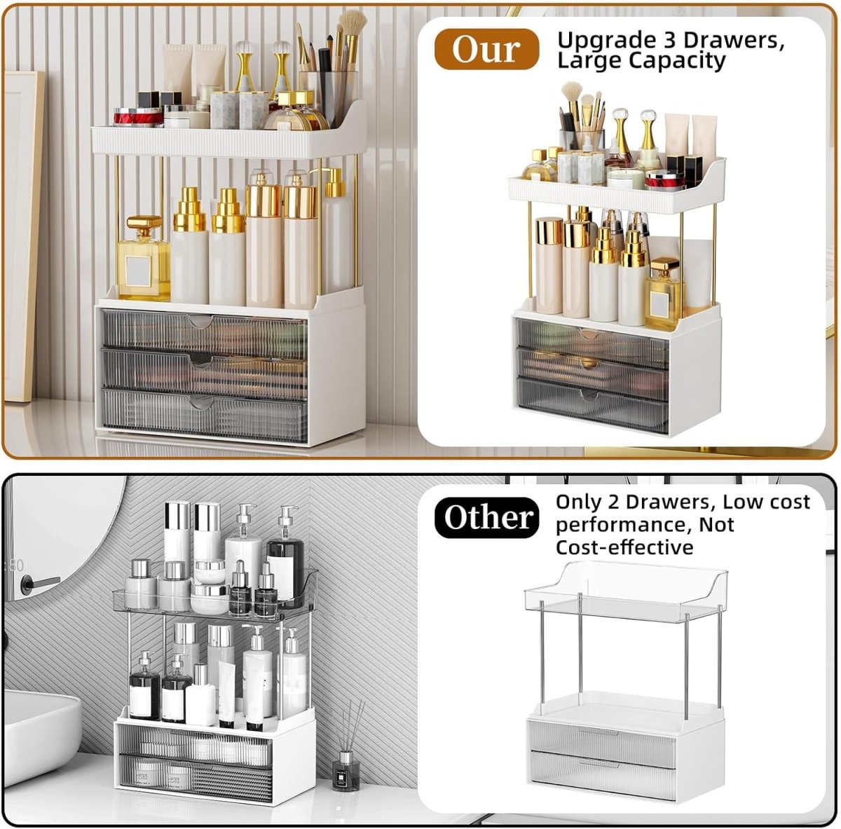 StorBin 3 Drawers Makeup Organizer - 5 Tier Bathroom Counter Organizers and Storage, Versatile Perfume Vanity Organizer, Ideal for Cosmetic, Large Skincare, Face Mask, Office Supplies, Amber - Homesidy.com