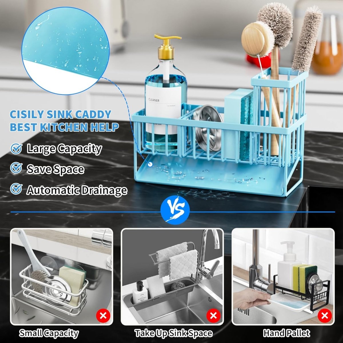 Cisily Kitchen Sink Caddy Organzier with High Brush Holder, Sponge Holder for Sink, 304 Rustproof Stainless, Kitchen Countertop Soap Dispenser Organizer, Kitchen Decor and Accessories - Homesidy.com