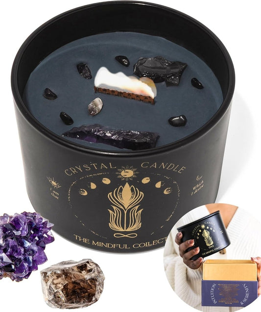 Black Crystal Candle for Women - 12oz Wood Wick Candle That Crackles with Natural Soy Wax. Luxurious Slow Burn, for Meditation. Includes Amethyst &amp; Smokey Quartz Crystals - Homesidy.com