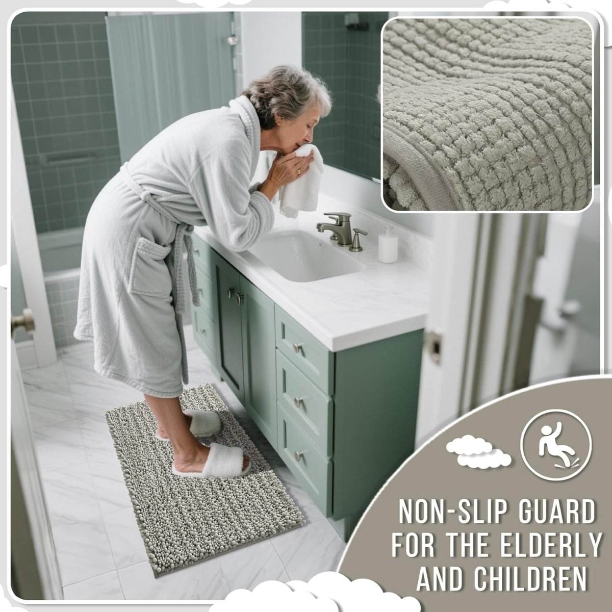 Yimobra Bathroom Rugs Non Slip Washable - Ultra Soft Absorbent Chenille Bath Mat, Quick Dry Shaggy Floor Carpet for Tub Shower, Gray Home Decor Accessories, 24x17 Inch - Homesidy.com