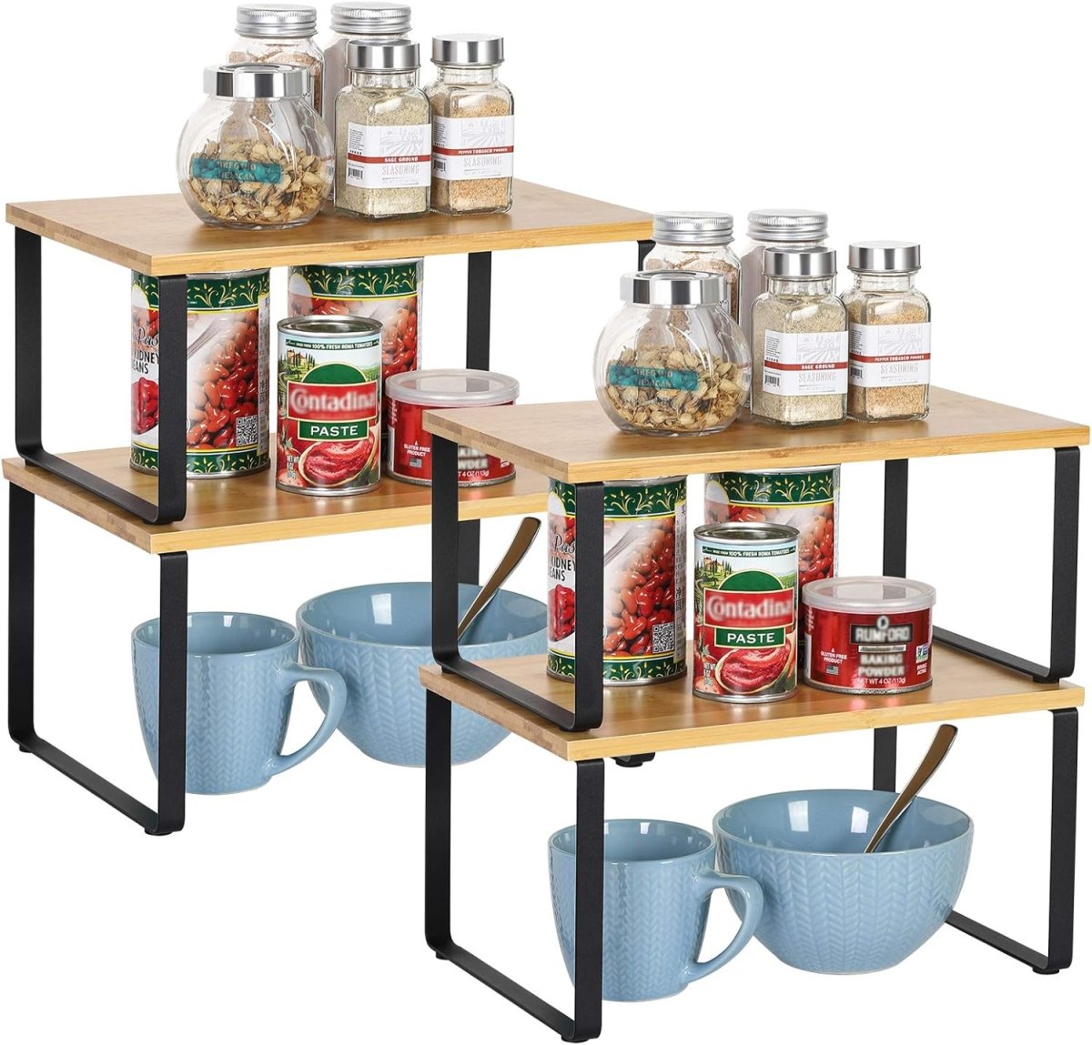 NEX Bamboo Kitchen Cabinet and Counter Shelf Organizer, Stackable &amp; Expandable, Set of 4, White and Natural - Homesidy.com