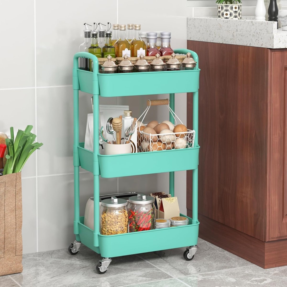 Sywhitta 3 - Tier Plastic Rolling Utility Cart with Handle, Multi - Functional Storage Trolley for Office, Living Room, Kitchen, Movable Storage Organizer with Wheels, White - Homesidy.com