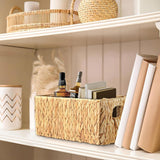 Greenatural Water Hyacinth Storage Baskets Set of 2, Handwoven Rectangular Organizer Trays with Wooden Bead Handles, Nested Wicker Bins for Shelf, Bathroom, Kitchen, Office, Natural Decor - Homesidy.com