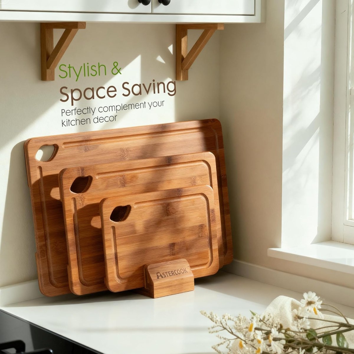 Astercook Deep - Carbonized Bamboo Cutting Boards for Kitchen with Wood Storage Stand, Reversible Charcuterie &amp; Chopping Boards with Juice Grooves and Easy - Grip Handles, Knife - Friendly, Kitchen Gift - Homesidy.com