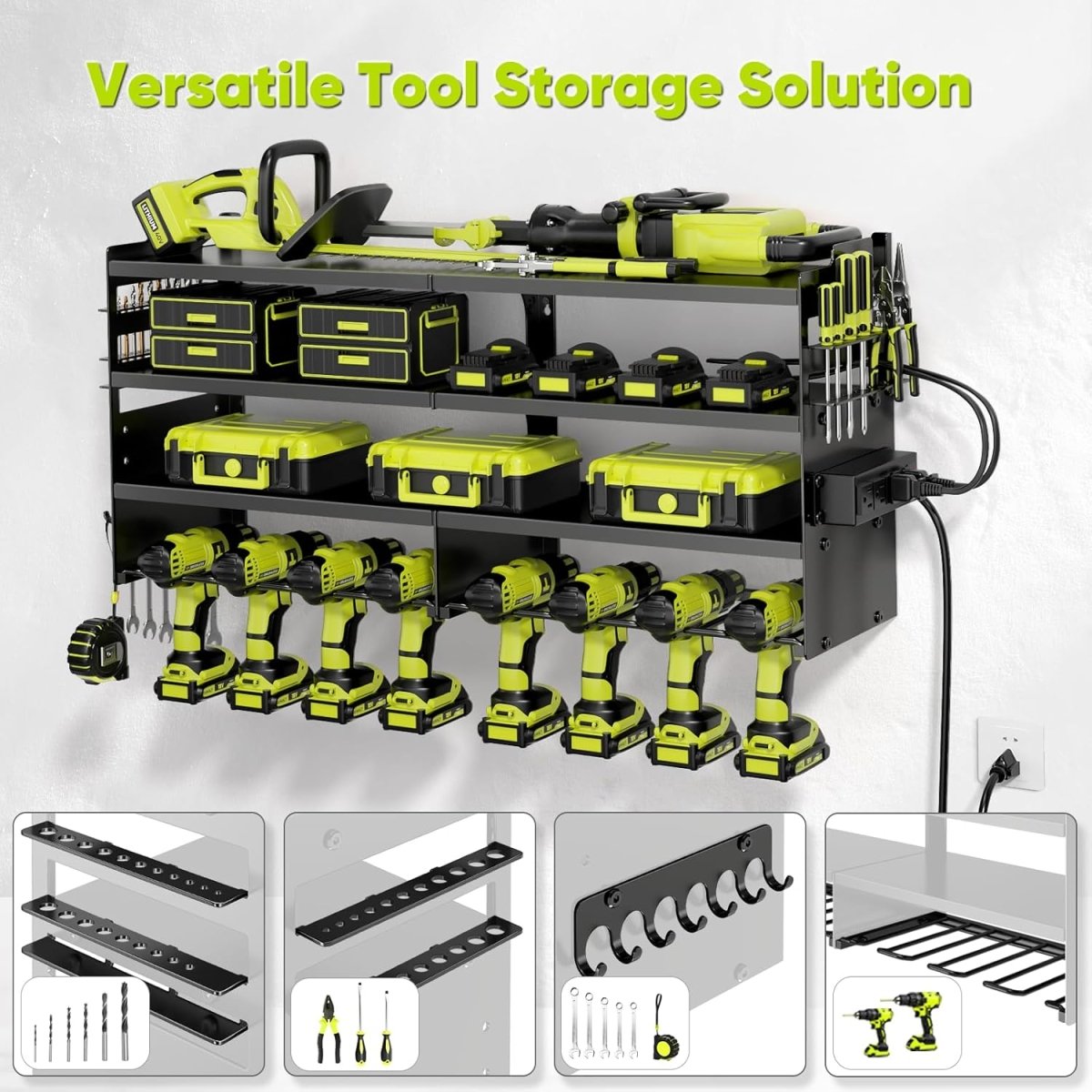 POKIPO Large Power Tool Organizer Wall Mount with Charging Station,4 Layer Heavy Duty Metal Tool Storage Rack Loads 600lbs with 8 Cordless Drill Holder,Battery Utility Rack Loads with 4 Power Strip - Homesidy.com
