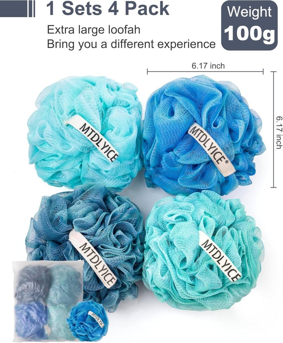 MTDLYICE Loofah Sponge, XXL Large Loofah 100g 4 Pack, Bath Sponge Soft Mesh Shower Loofah for Men, Body Scrub, Shower Pouf Bath Accessories, for Body Wash, Soap (Blue Gray) - Homesidy.com