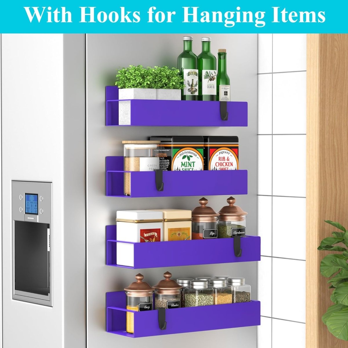 HuggieGems Metal 4 Pack Magnetic Spice Storage Rack Organizer for Refrigerator and Oven, Black Fridge Organizers and Storage - Homesidy.com