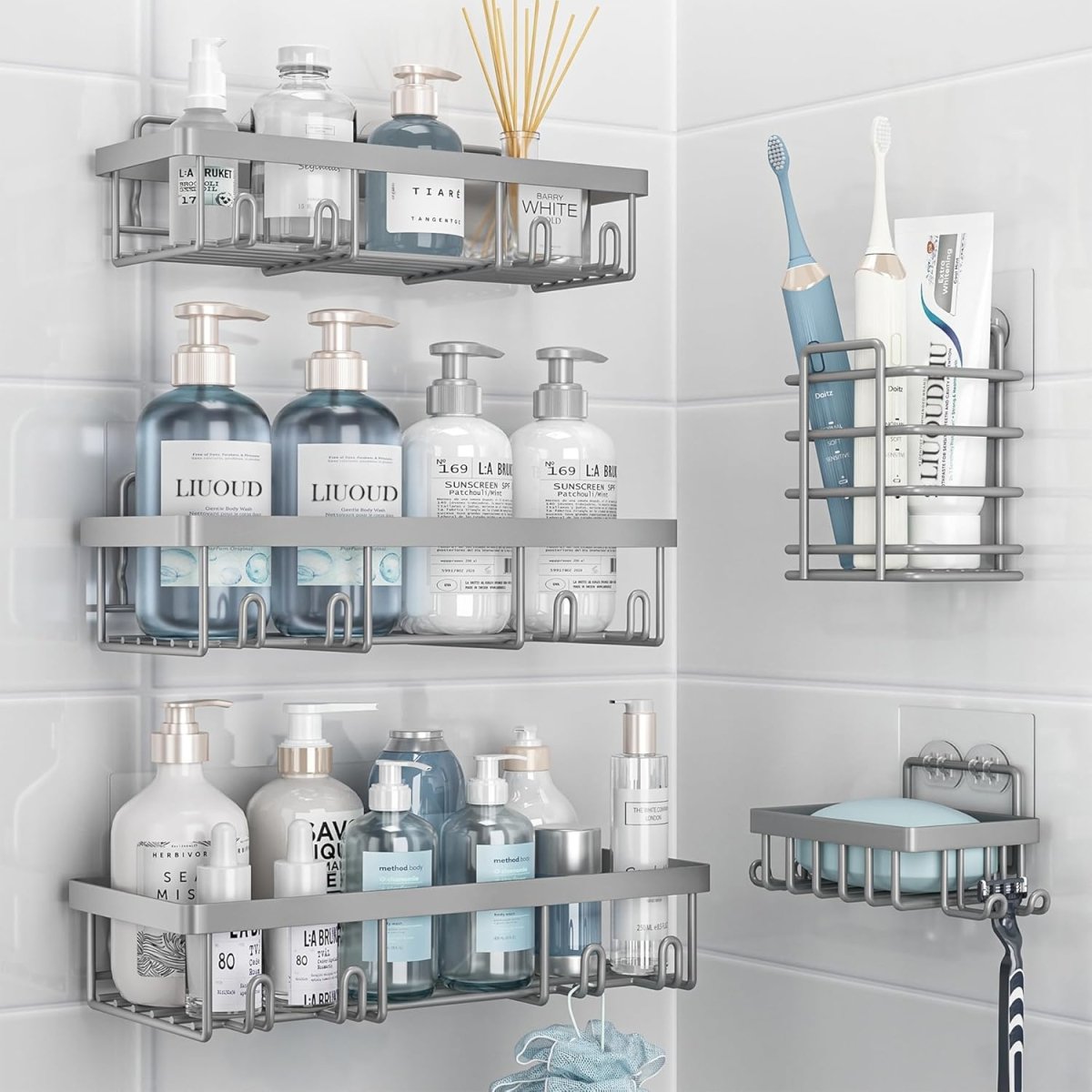 Liuoud 5 Pack Shower Caddy Organizer Rack Shelf for Inside Shower, Adhesive Bathroom Wall Storage Basket Rustproof Stainless Steel Shampoo Holder, Girly Bathroom Accessory Decor Set, Pink - Homesidy.com