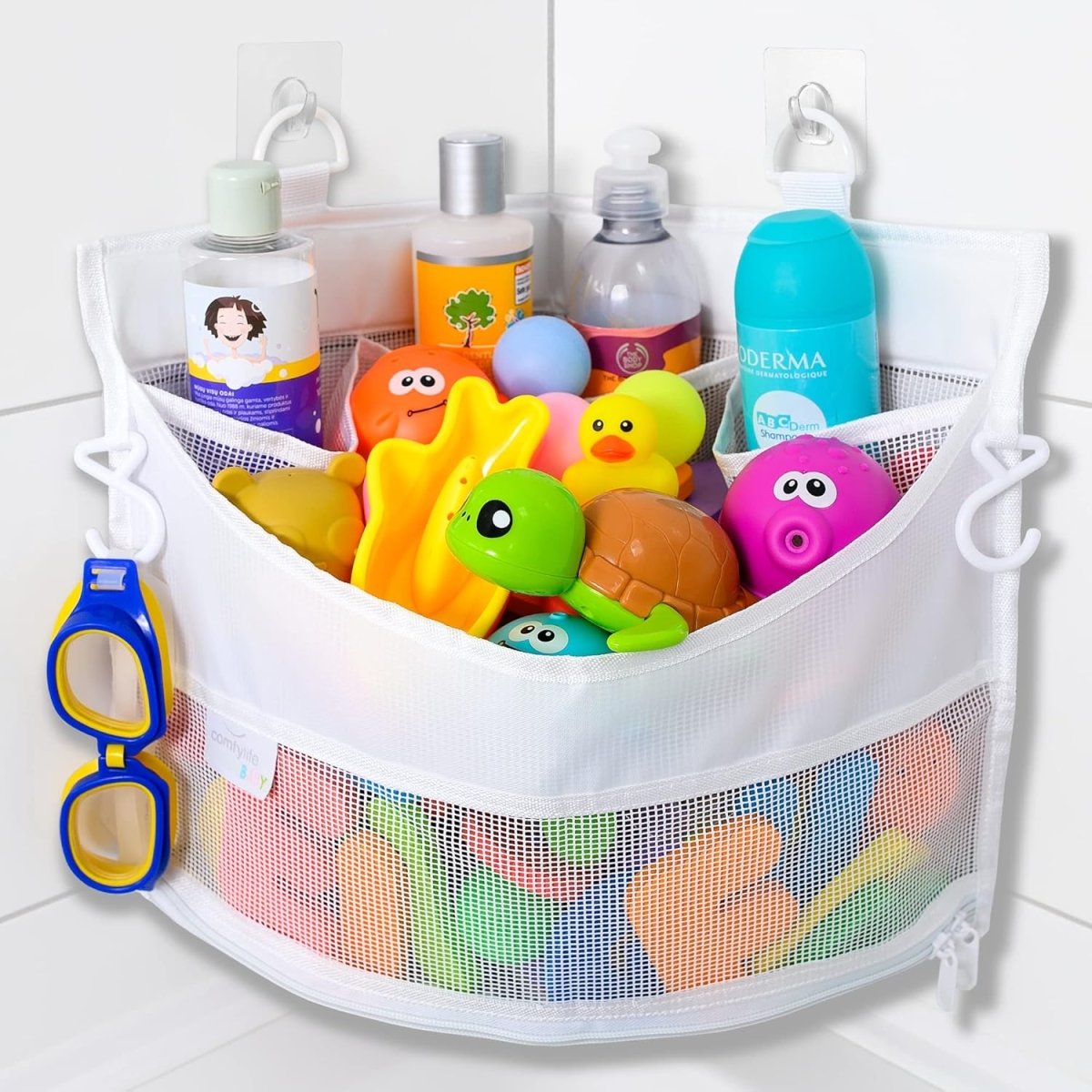 2 x Mesh Bath Toy Organizer 8 Ultra Strong Hooks – The Perfect Bathtub Toy Holder &amp; Bathroom or Shower Caddy – These Multi - use Net Bags Make Baby Bath Toy Storage Easy – For Kids &amp; Toddlers - Homesidy.com