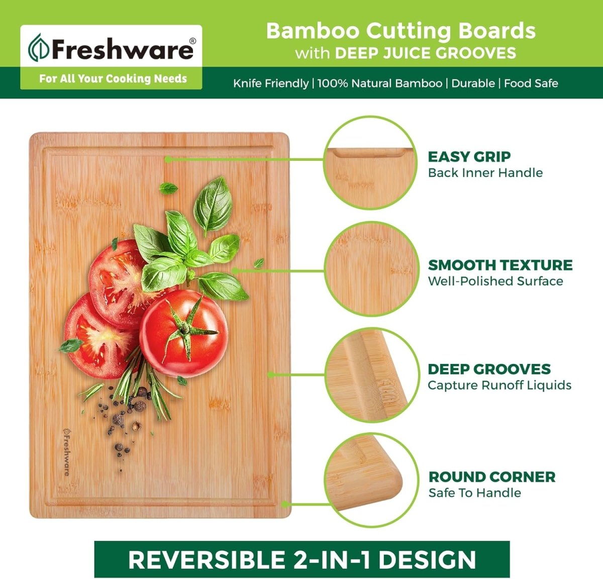 Bamboo Cutting Boards for Kitchen [Set of 3] Wood Cutting Board for Chopping Meat, Vegetables, Fruits, Cheese, Knife Friendly Serving Tray with Handles - Homesidy.com