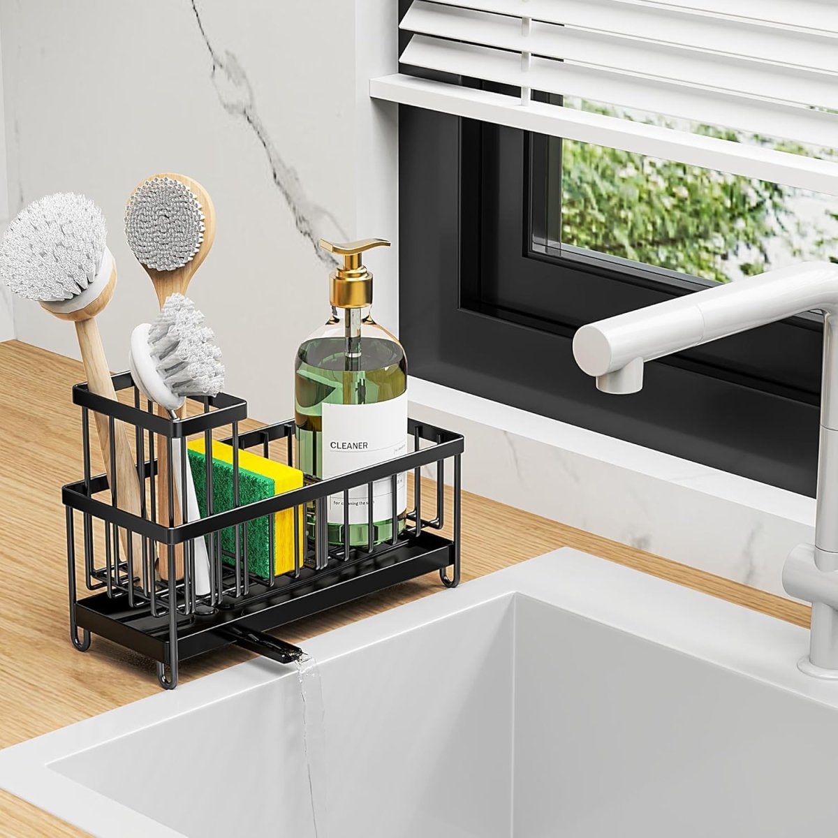 Cisily Black Sponge Holder for Kitchen Sink, Sink Caddy Organizer with High Brush Holder, Kitchen Countertop Organizers and Storage Essentials, Rustproof 304 Stainless Steel, Soap Dispenser Organize - Homesidy.com