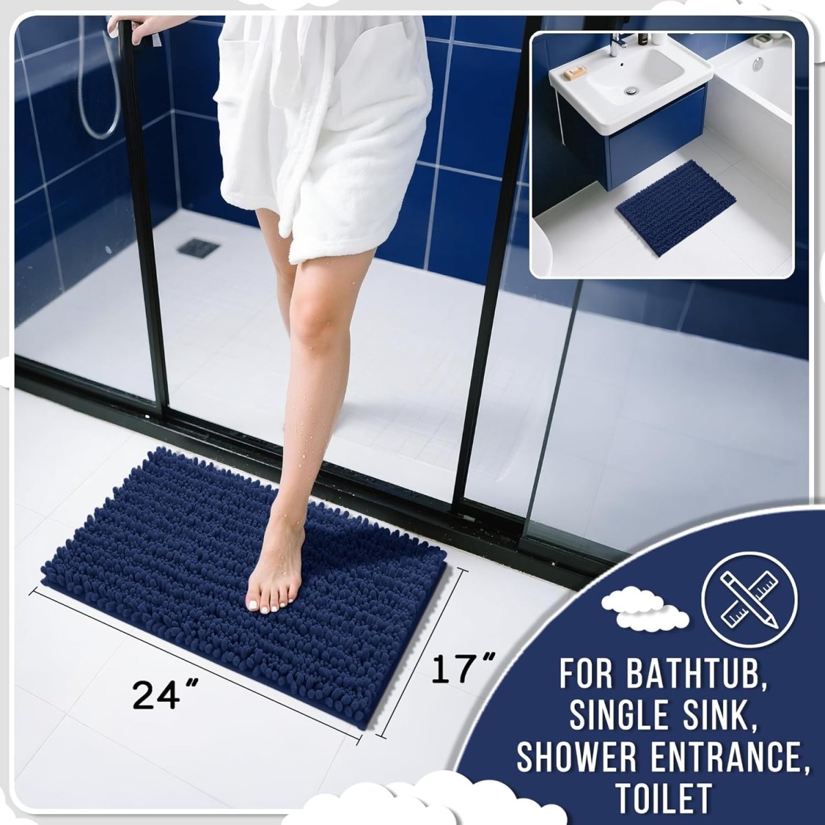 Yimobra Bathroom Rugs Non Slip Washable - Ultra Soft Absorbent Chenille Bath Mat, Quick Dry Shaggy Floor Carpet for Tub Shower, Gray Home Decor Accessories, 24x17 Inch - Homesidy.com